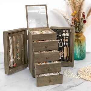 Jewelry Box Wood for Women, 5-Layer Large Organizer Box with Mirror & 4 Drawers
